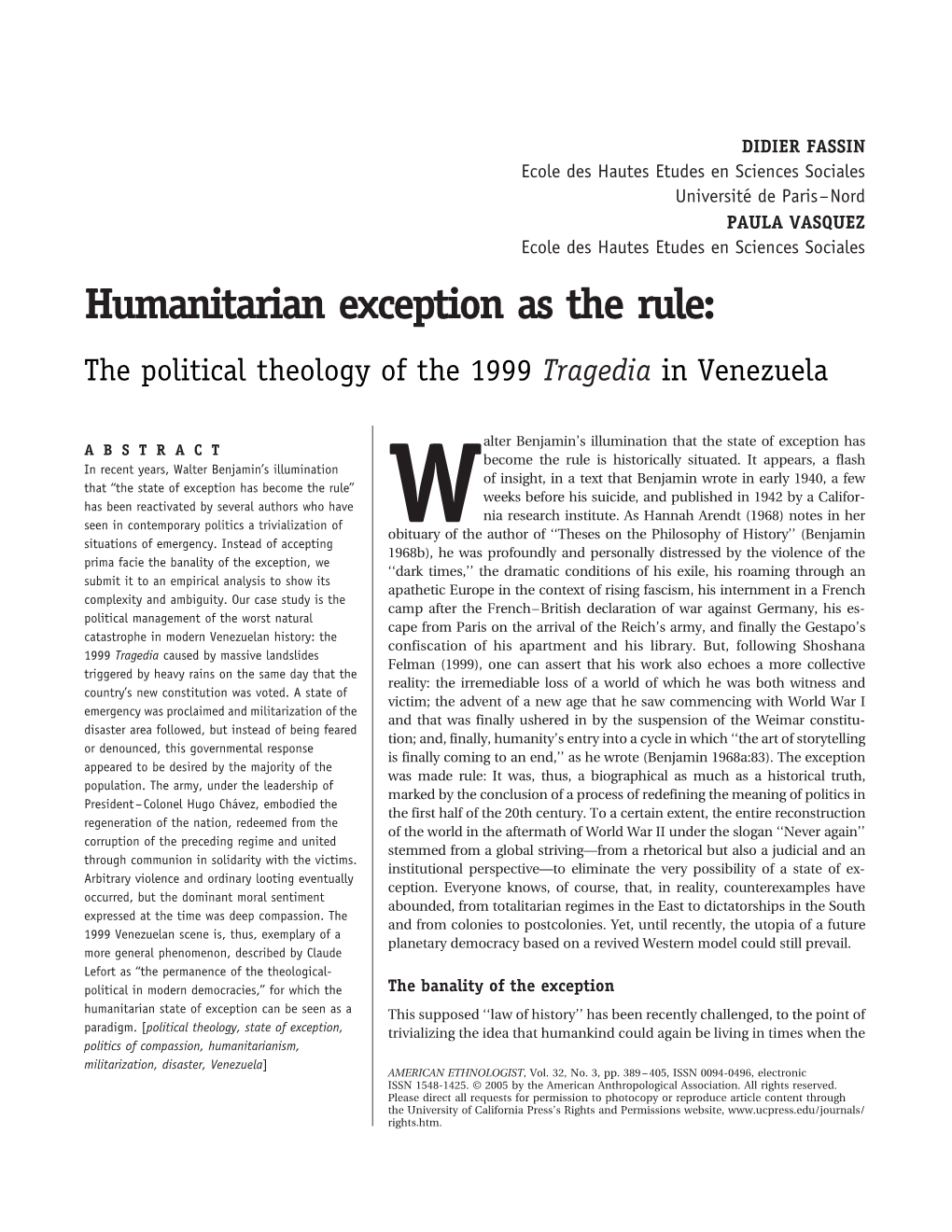 Humanitarian Exception As the Rule: the Political Theology of the 1999 Tragedia in Venezuela