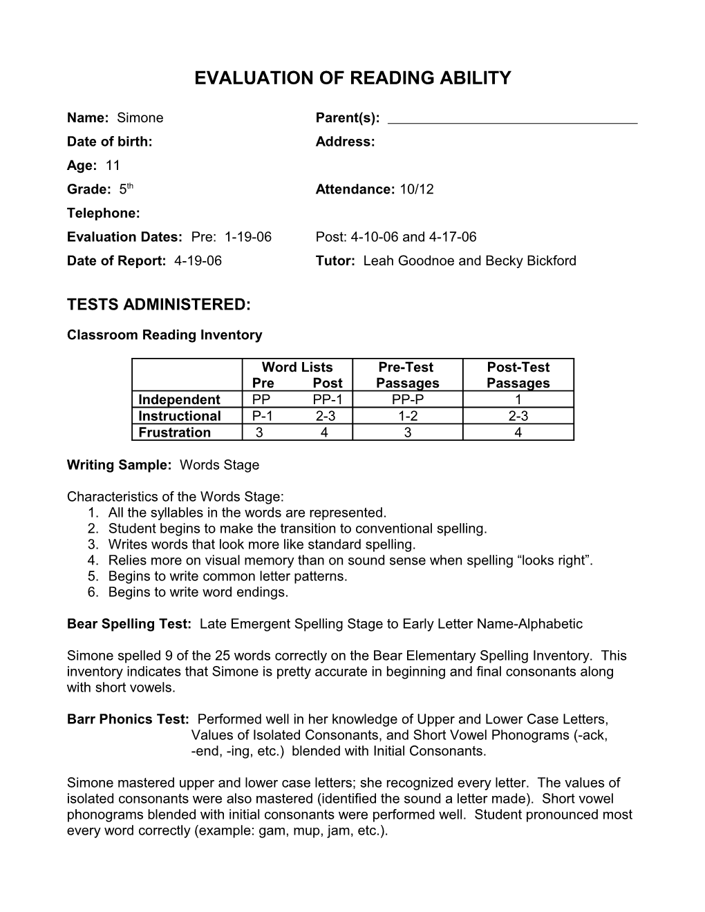 Evaluation of Reading Ability