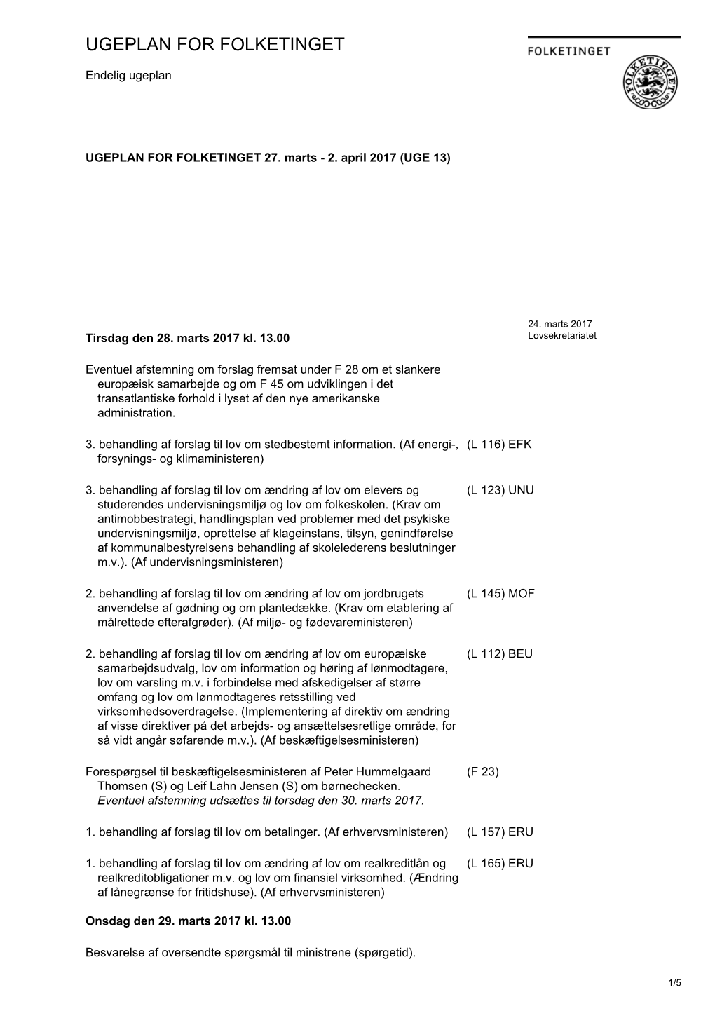 Ugeplan for Folketinget