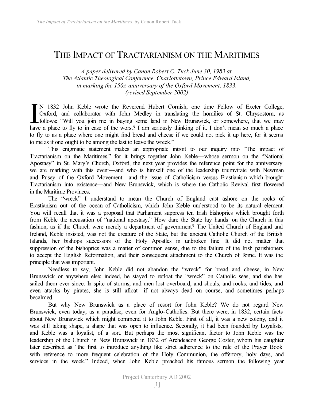 The Impact of Tractarianism on the Maritimes, by Canon Robert Tuck