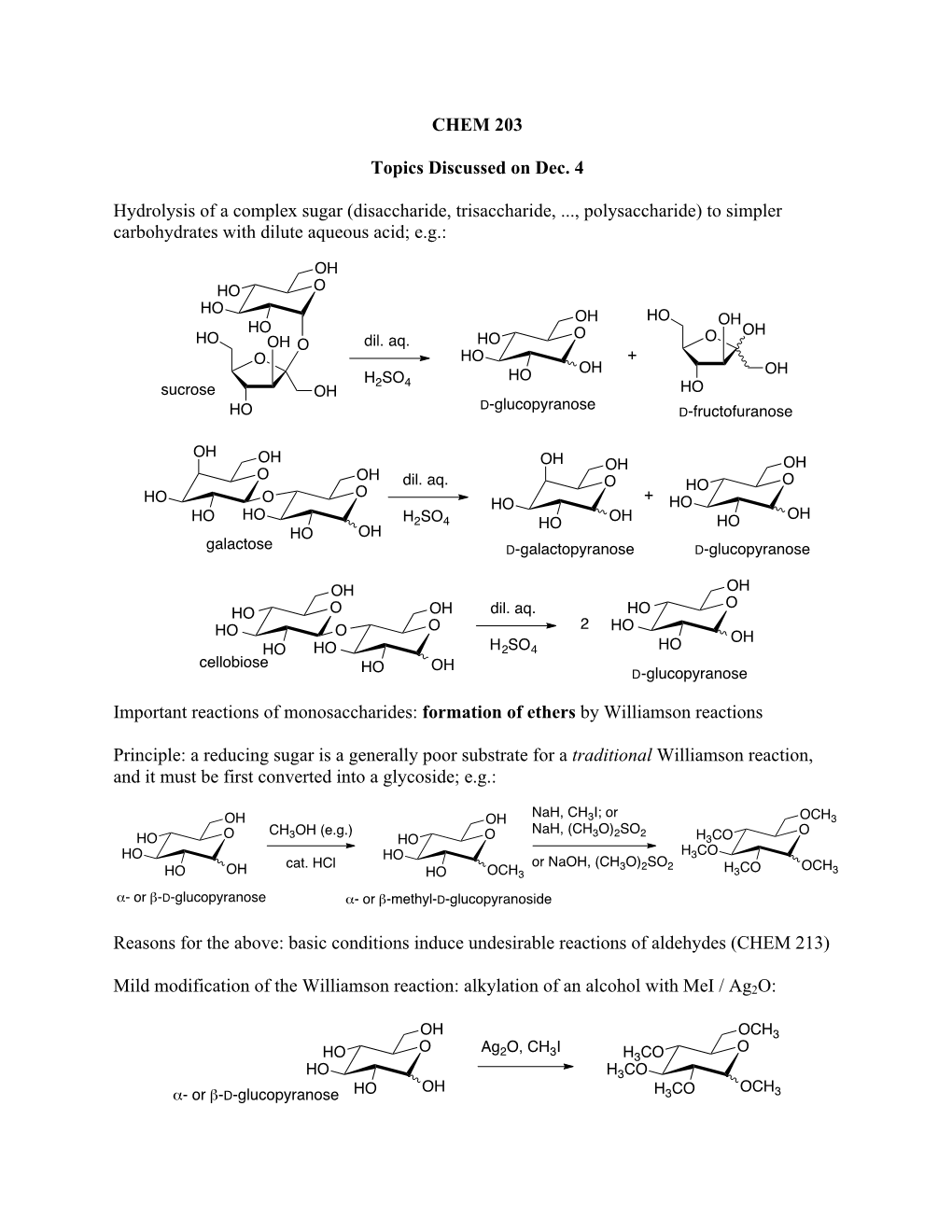 CHEM 203 Topics Discussed on Dec. 4 Hydrolysis of a Complex Sugar