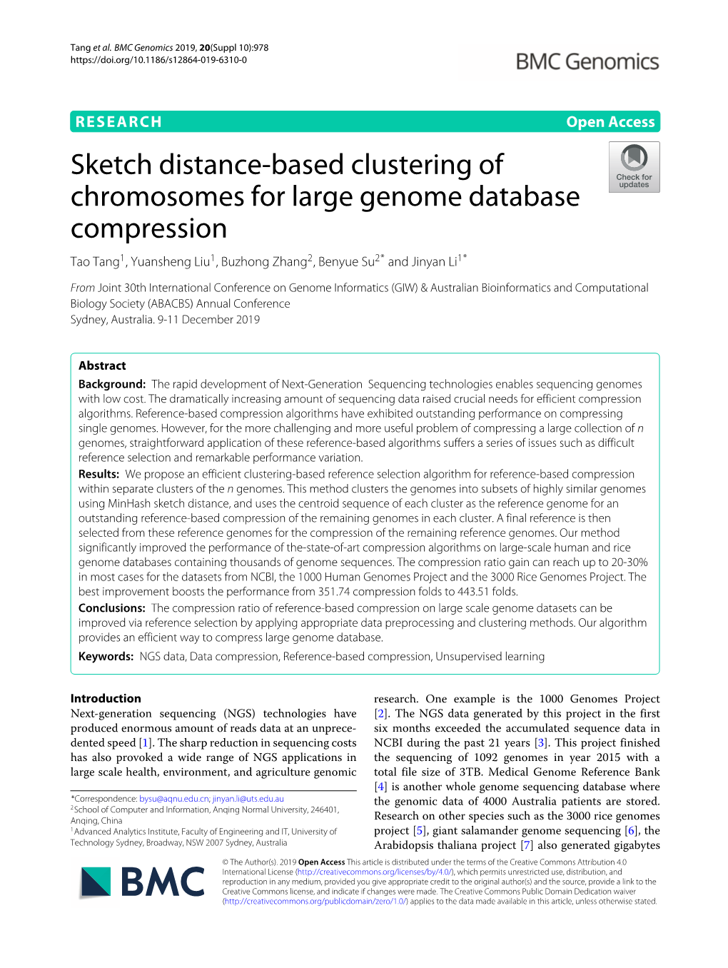 Sketch Distance-Based Clustering of Chromosomes for Large Genome Database Compression Tao Tang1, Yuansheng Liu1, Buzhong Zhang2, Benyue Su2* and Jinyan Li1*