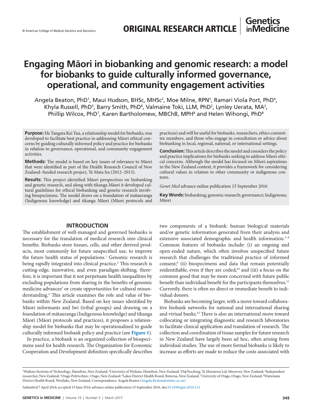 Engaging Māori in Biobanking and Genomic Research: a Model for Biobanks to Guide Culturally Informed Governance, Operational, and Community Engagement Activities