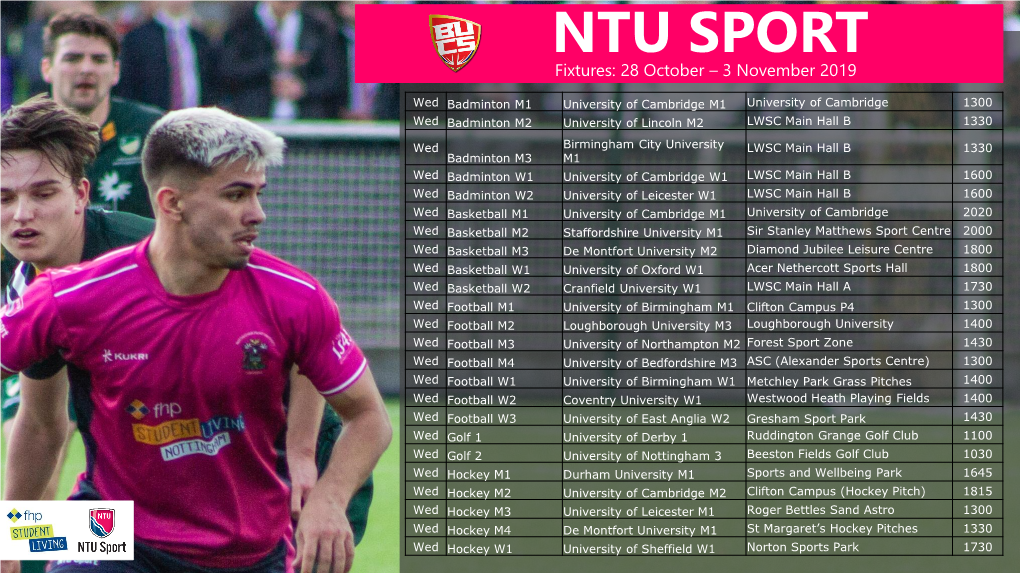 NTU SPORT Fixtures: 28 October – 3 November 2019