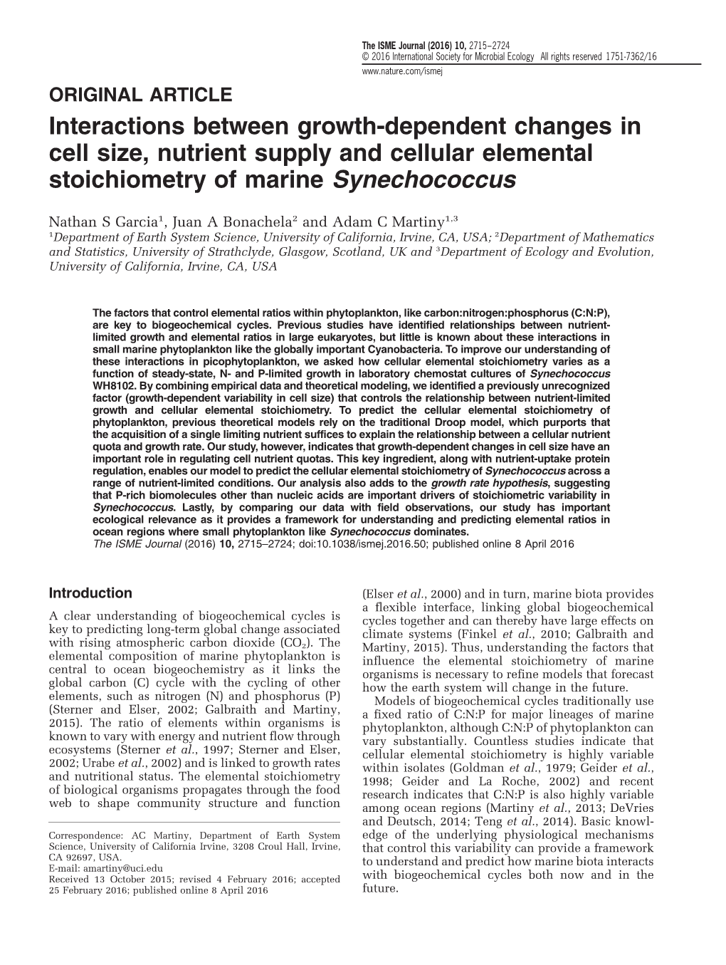 Interactions Between Growth-Dependent Changes in Cell Size, Nutrient Supply and Cellular Elemental Stoichiometry of Marine Synechococcus