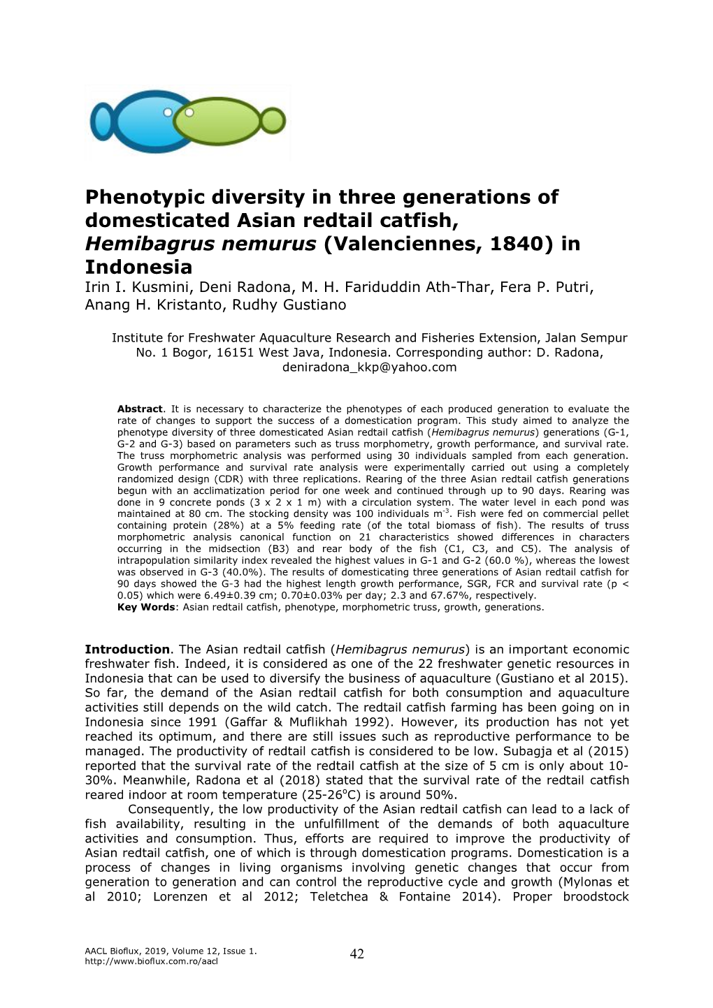 Phenotypic Diversity in Three Generations of Domesticated Asian Redtail Catfish, Hemibagrus Nemurus (Valenciennes, 1840) in Indonesia Irin I