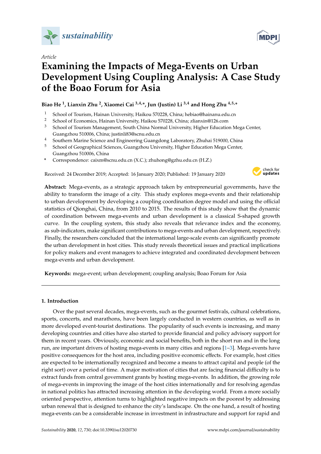 Examining the Impacts of Mega-Events on Urban Development Using Coupling Analysis: a Case Study of the Boao Forum for Asia