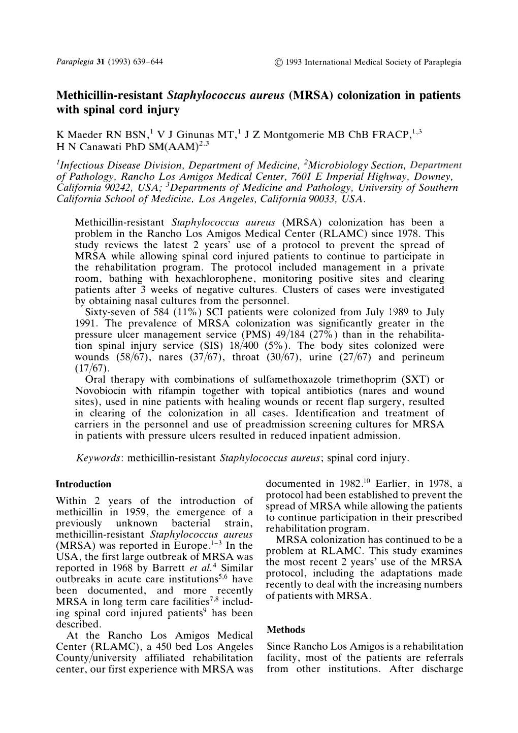 (MRSA) Colonization in Patients with Spinal Cord Injury&lt;/Atl&gt;