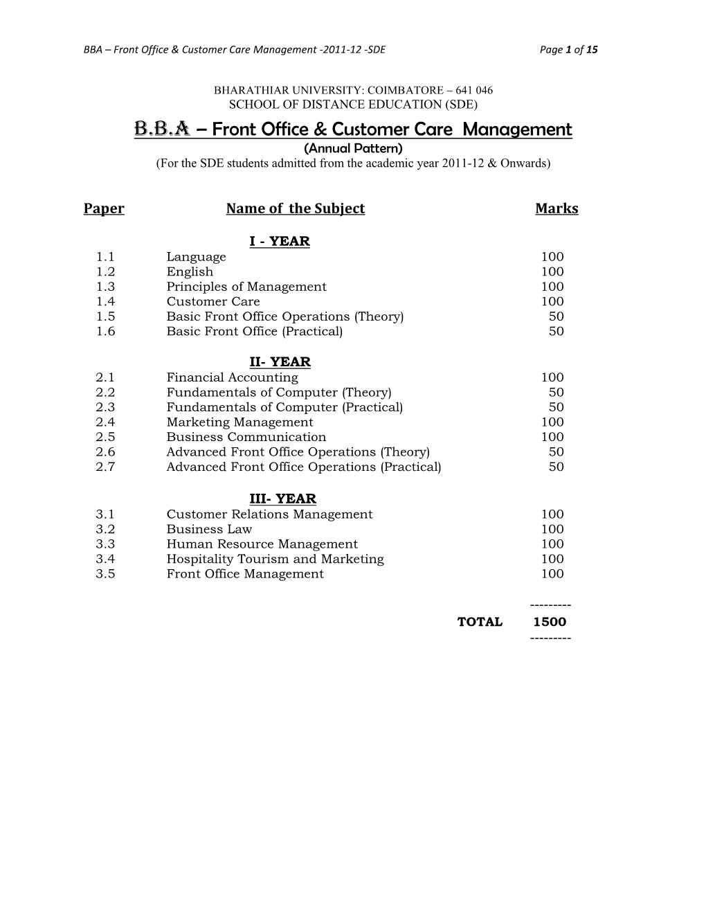 B.B.A – Front Office & Customer Care Management