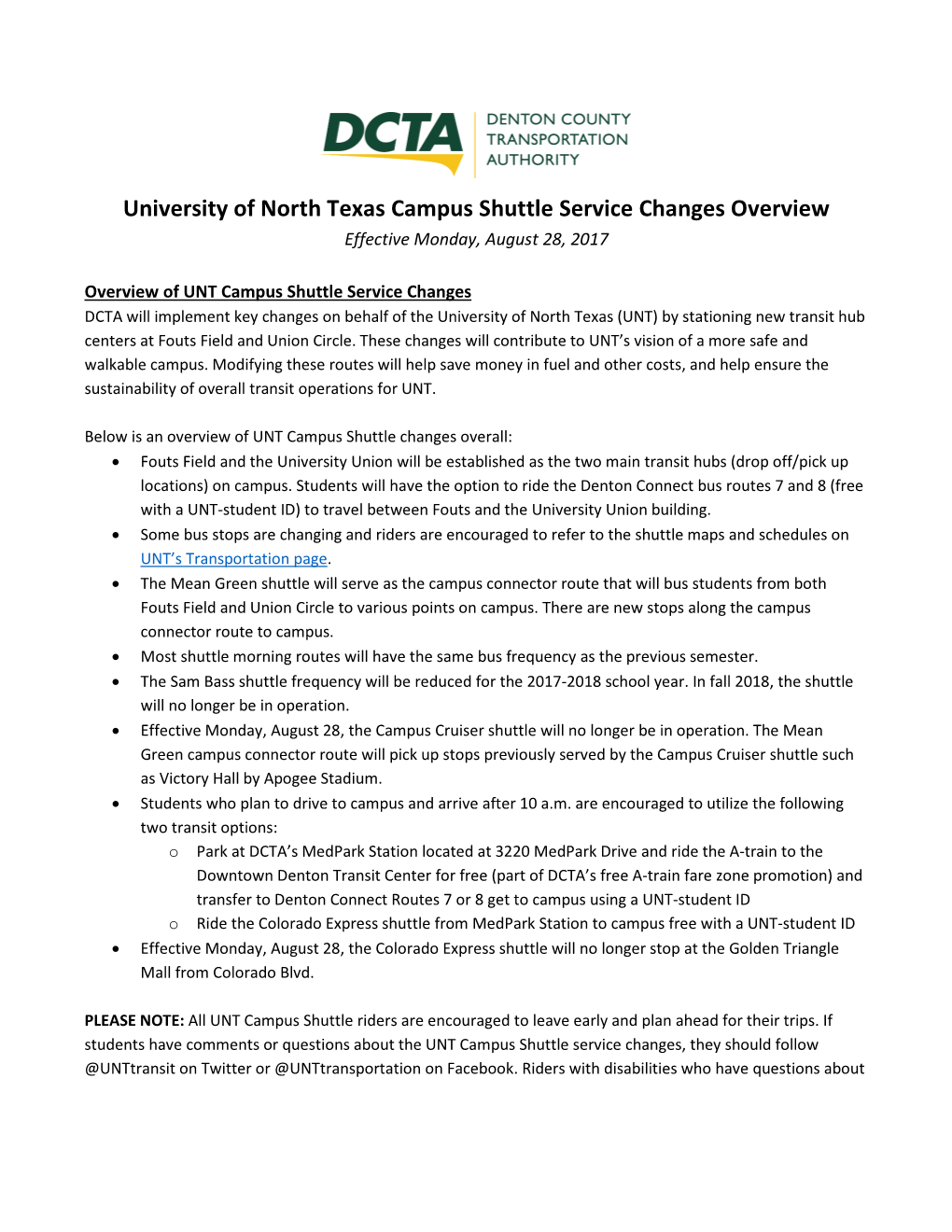 University of North Texas Campus Shuttle Service Changes Overview Effective Monday, August 28, 2017