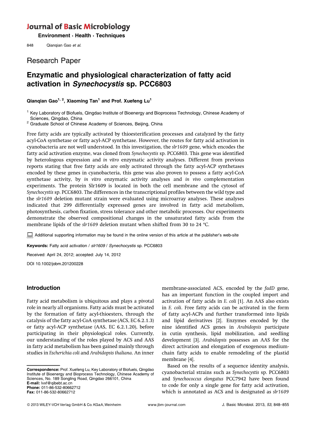 Enzymatic and Physiological Characterization of Fatty Acid Activation in Synechocystis Sp