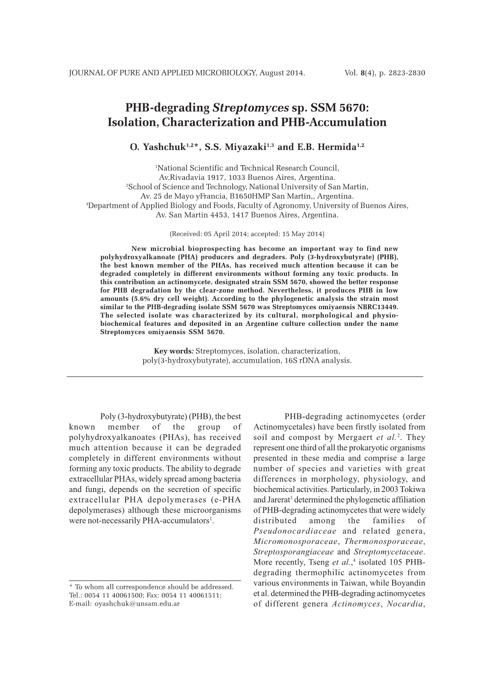 PHB-Degrading Streptomyces Sp. SSM 5670: Isolation, Characterization and PHB-Accumulation