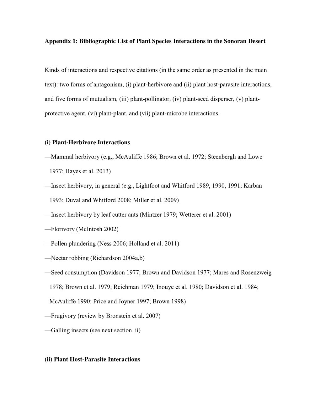 Appendix 1: Bibliographic List of Plant Species Interactions in the Sonoran Desert