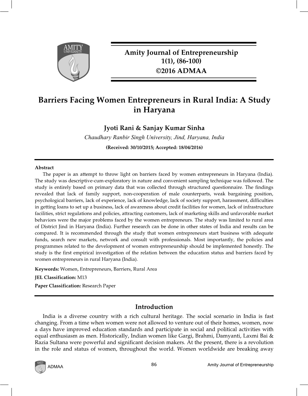 Barriers Facing Women Entrepreneurs in Rural India: a Study in Haryana