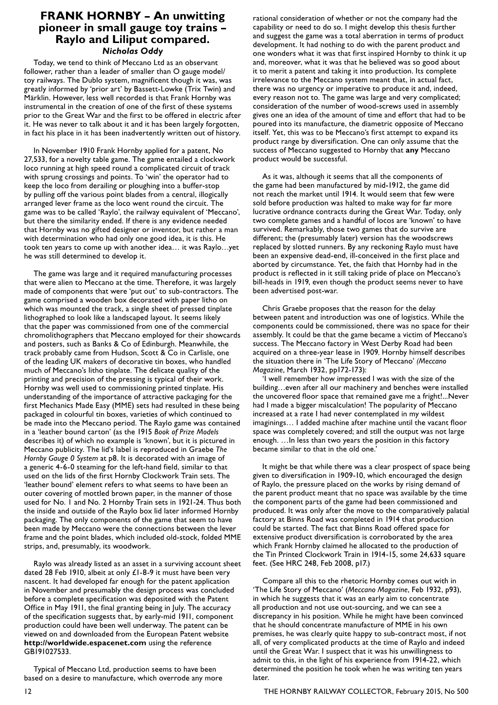 FRANK HORNBY – an Unwitting Rational Consideration of Whether Or Not the Company Had the Pioneer in Small Gauge Toy Trains – Capability Or Need to Do So