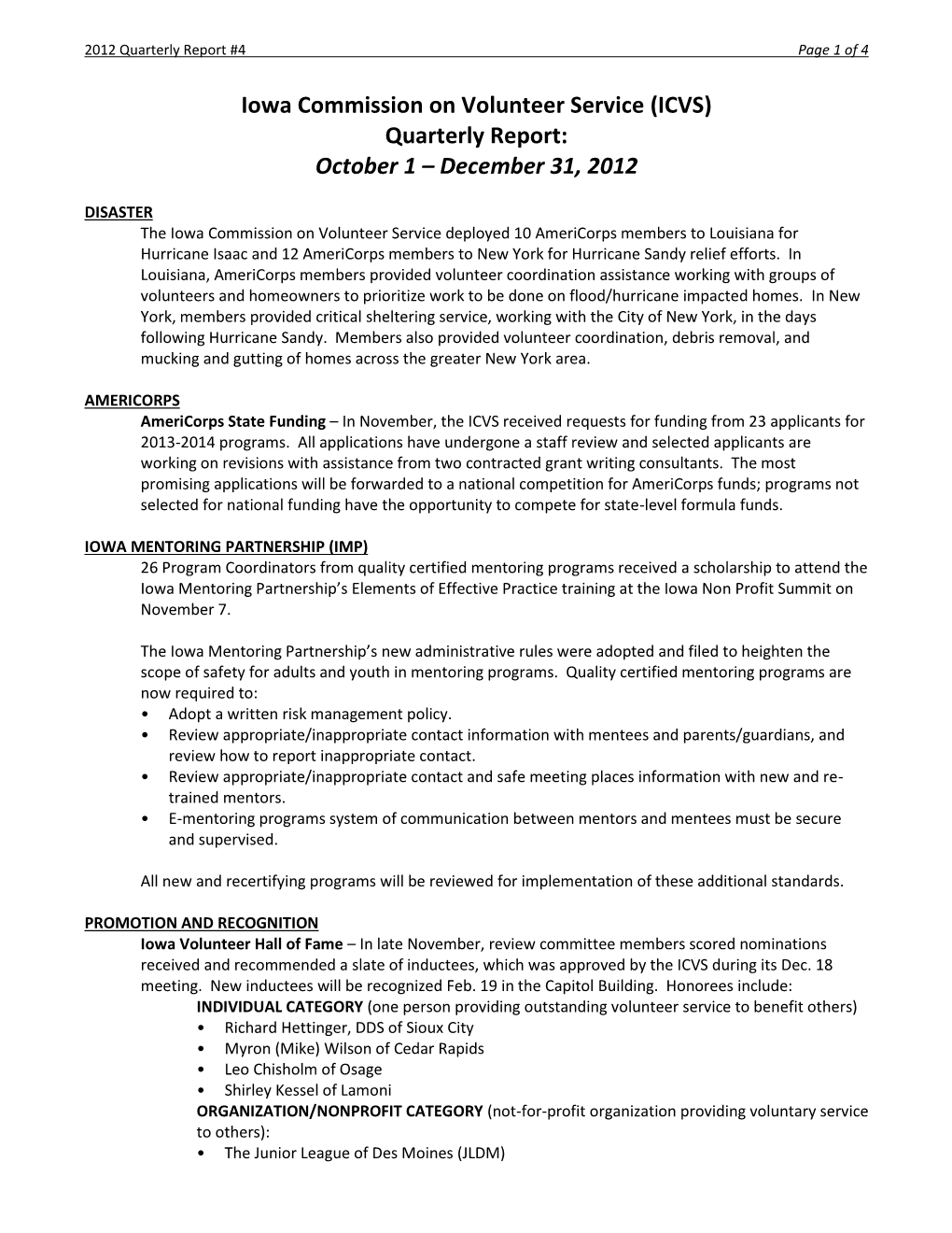 Iowa Commission on Volunteer Service (ICVS) Quarterly Report: October 1 – December 31, 2012