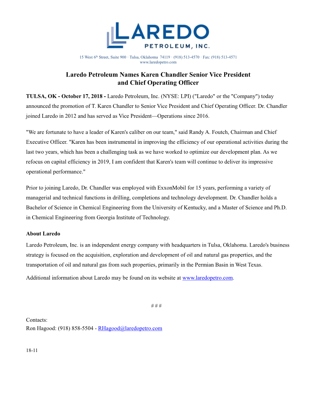 Laredo Petroleum Names Karen Chandler Senior Vice President and Chief Operating Officer