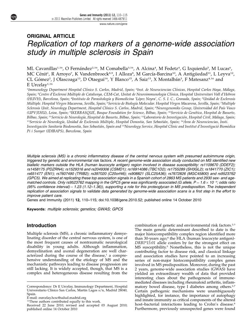 Replication of Top Markers of a Genome-Wide Association Study in Multiple Sclerosis in Spain