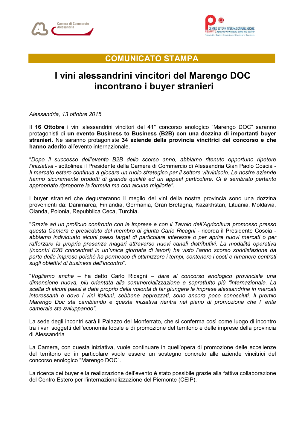 I Vini Alessandrini Vincitori Del Marengo DOC Incontrano I Buyer Stranieri