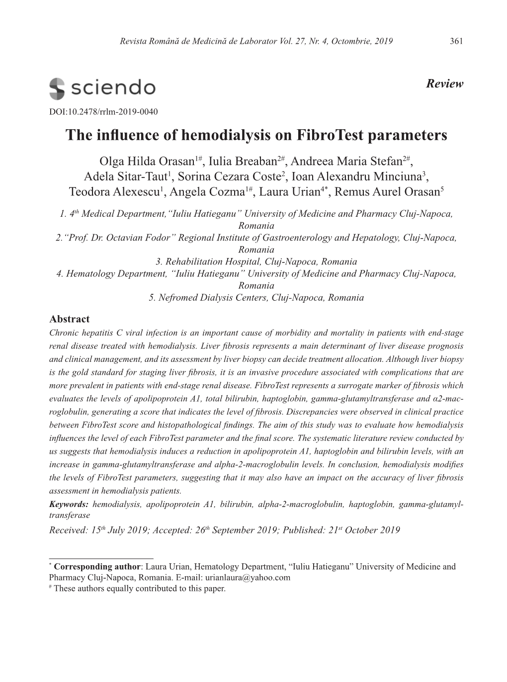 The Influence of Hemodialysis on Fibrotest Parameters