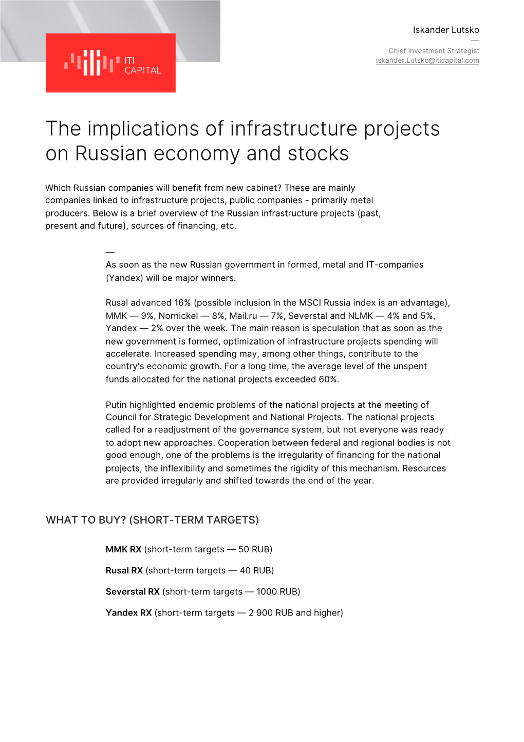 The Implications of Infrastructure Projects on Russian Economy and Stocks