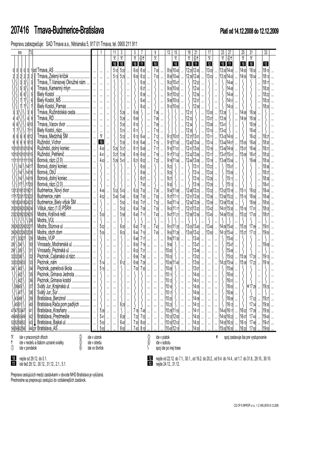 207416 Trnava-Budmerice-Bratislava Platí Od 14.12.2008 Do 12.12.2009 Prepravu Zabezpečuje: SAD Trnava A.S., Nitrianska 5, 917 01 Trnava, Tel