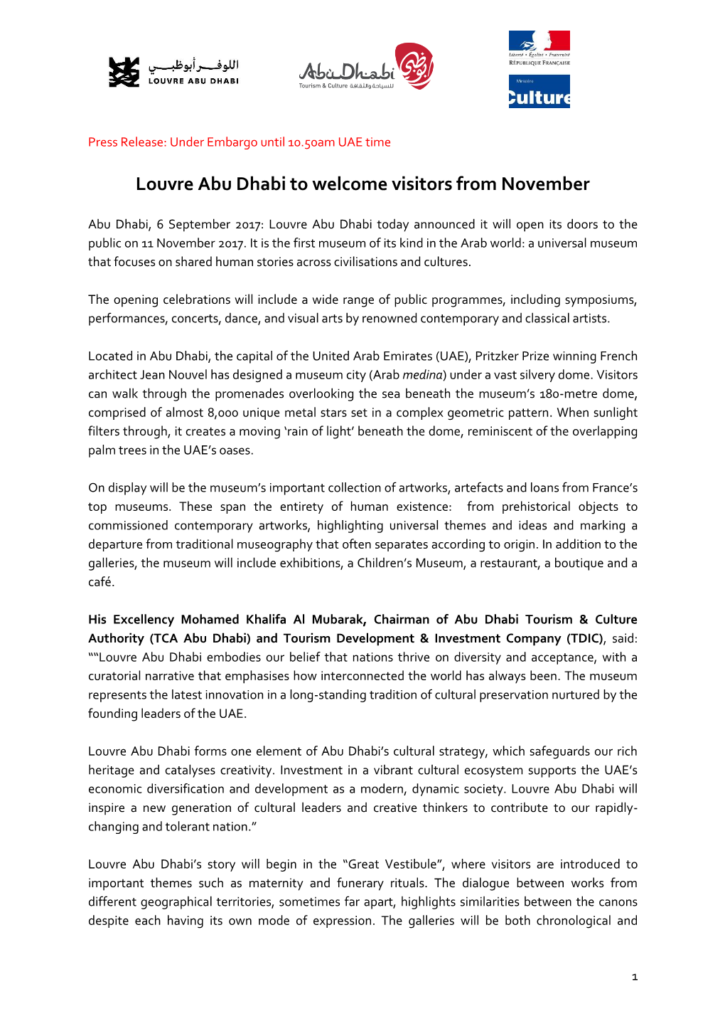 Louvre Abu Dhabi to Welcome Visitors from November
