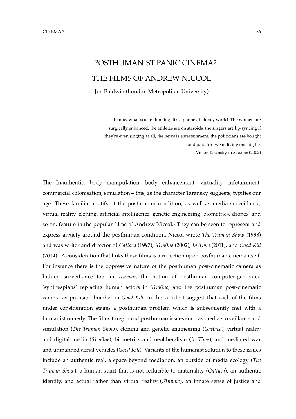 Posthumanist Panic Cinema? the Films of Andrew Niccol