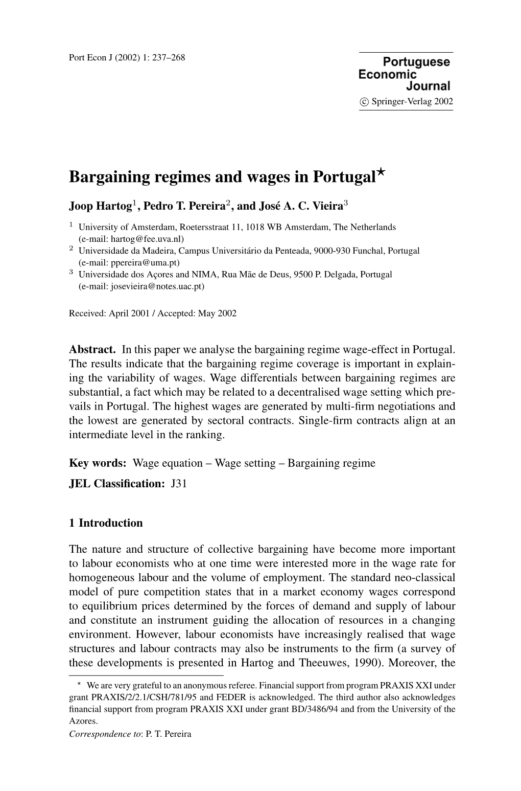 Bargaining Regimes and Wages in Portugal *
