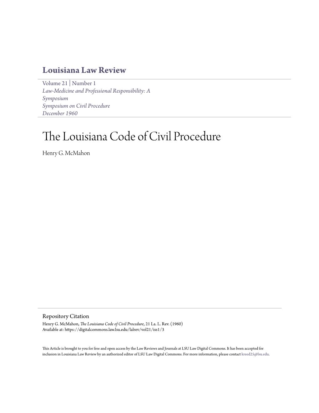 The Louisiana Code of Civil Procedure Henry G