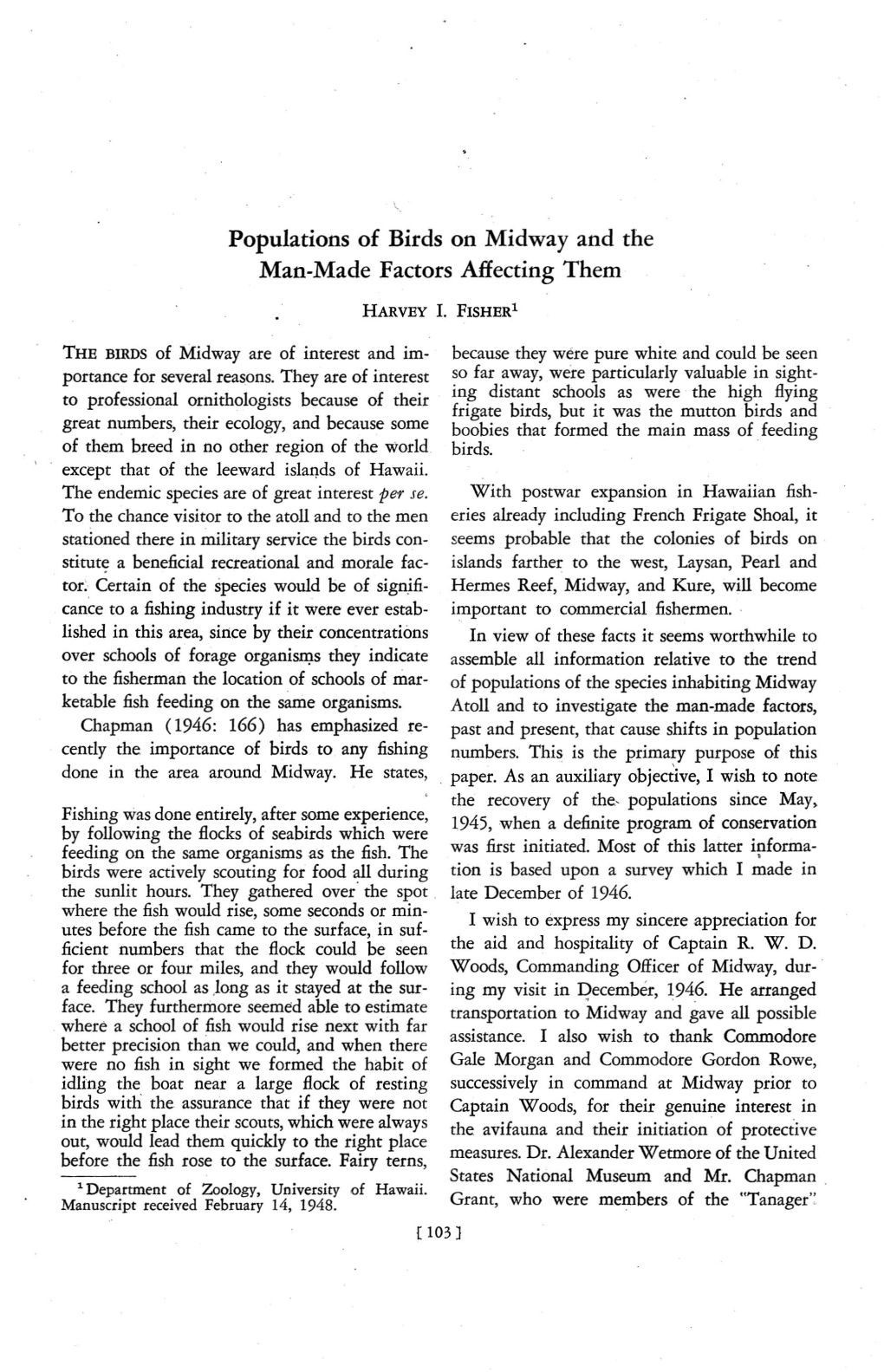 Populations of Birds on Midway and the Man-Made Factors Affecting Them