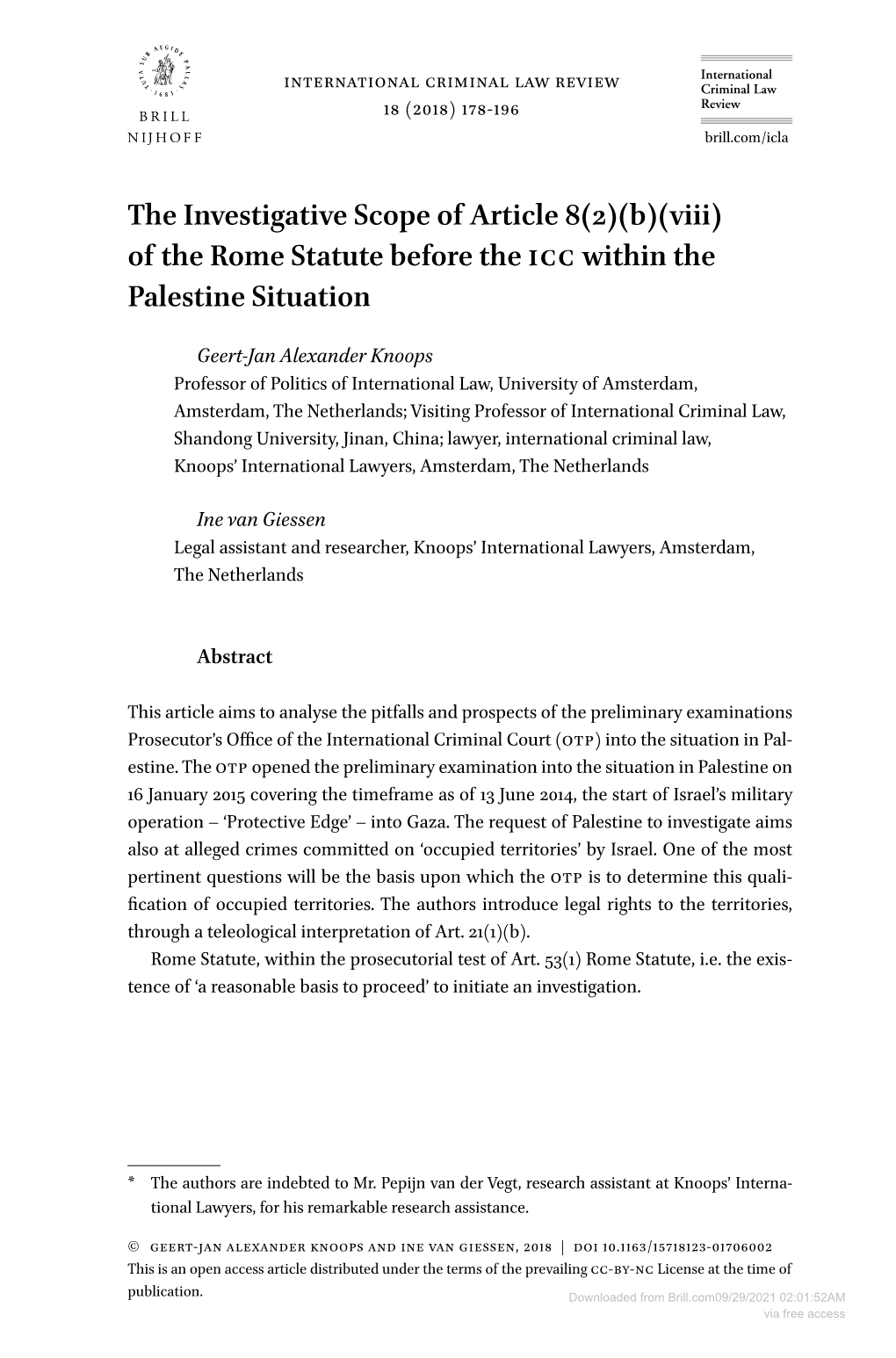 The Investigative Scope of Article 8(2)(B)(Viii) of the Rome Statute Before the Icc Within the Palestine Situation