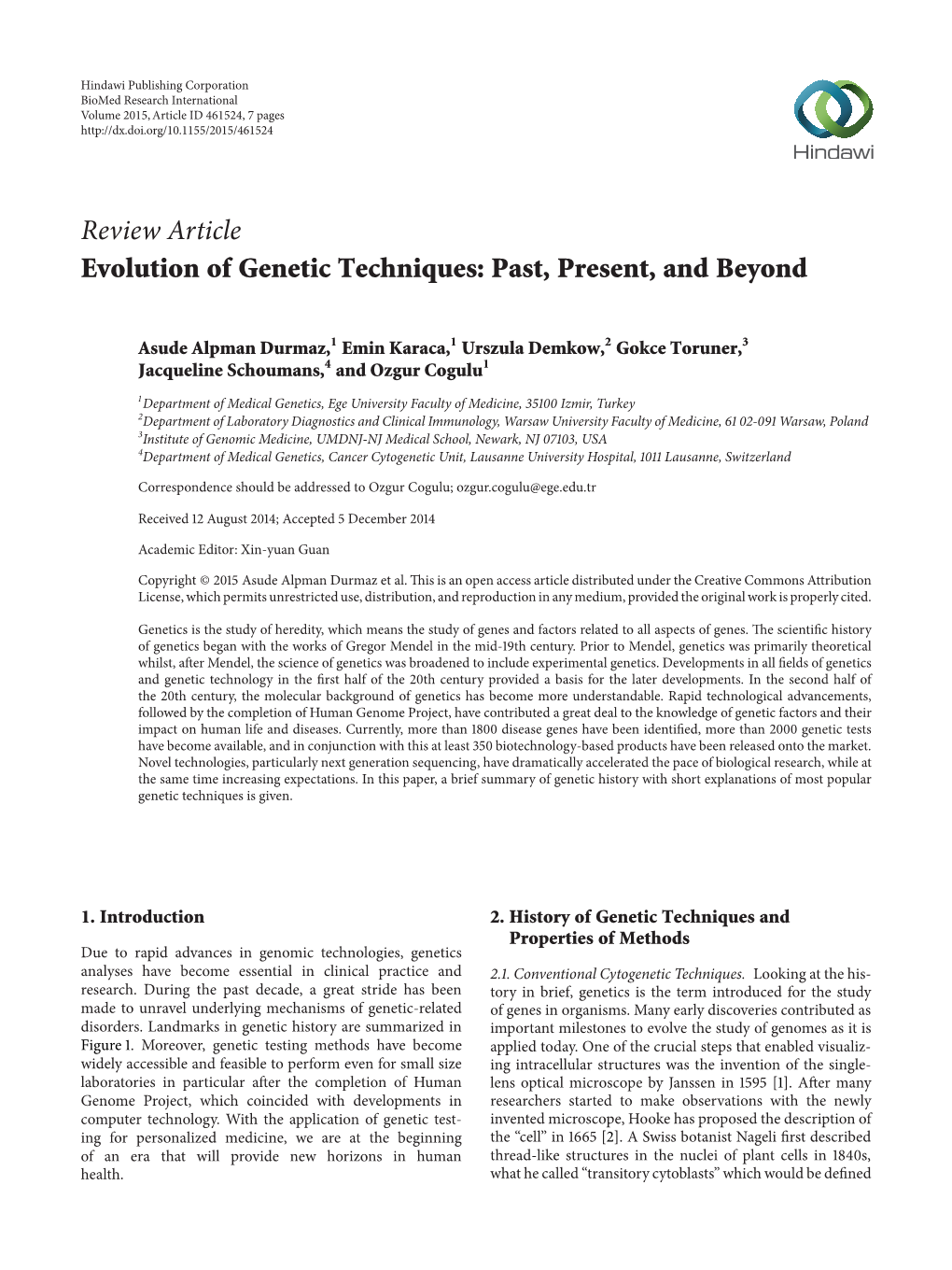 Review Article Evolution of Genetic Techniques: Past, Present, and Beyond