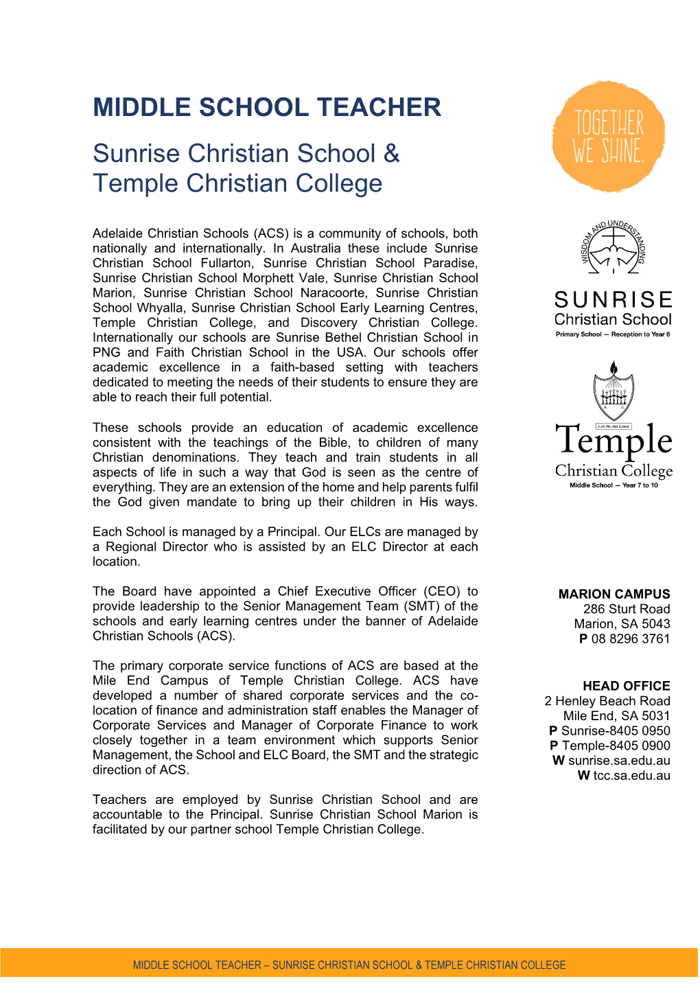 MIDDLE SCHOOL TEACHER Sunrise Christian School & Temple