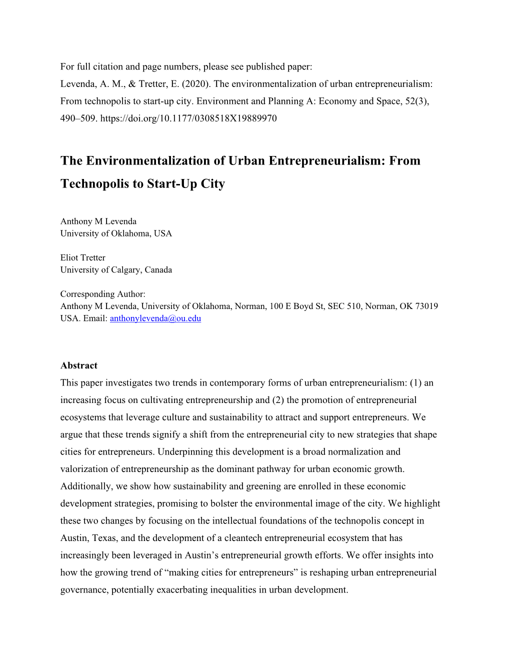 The Environmentalization of Urban Entrepreneurialism: from Technopolis to Start-Up City