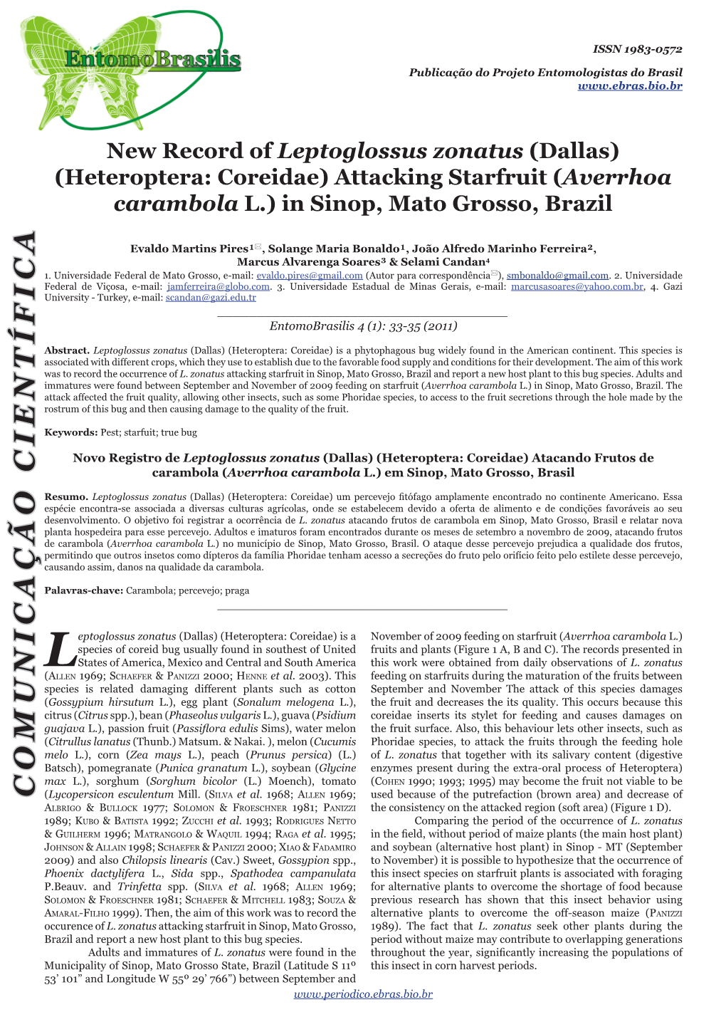 New Record of Leptoglossus Zonatus (Dallas) (Heteroptera: Coreidae) Attacking Starfruit (Averrhoa Carambola L.) in Sinop, Mato Grosso, Brazil