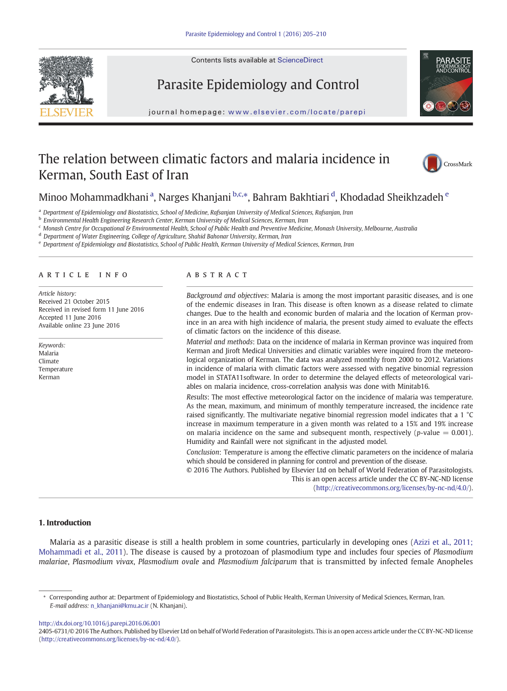 The Relation Between Climatic Factors and Malaria Incidence in Kerman, South East of Iran