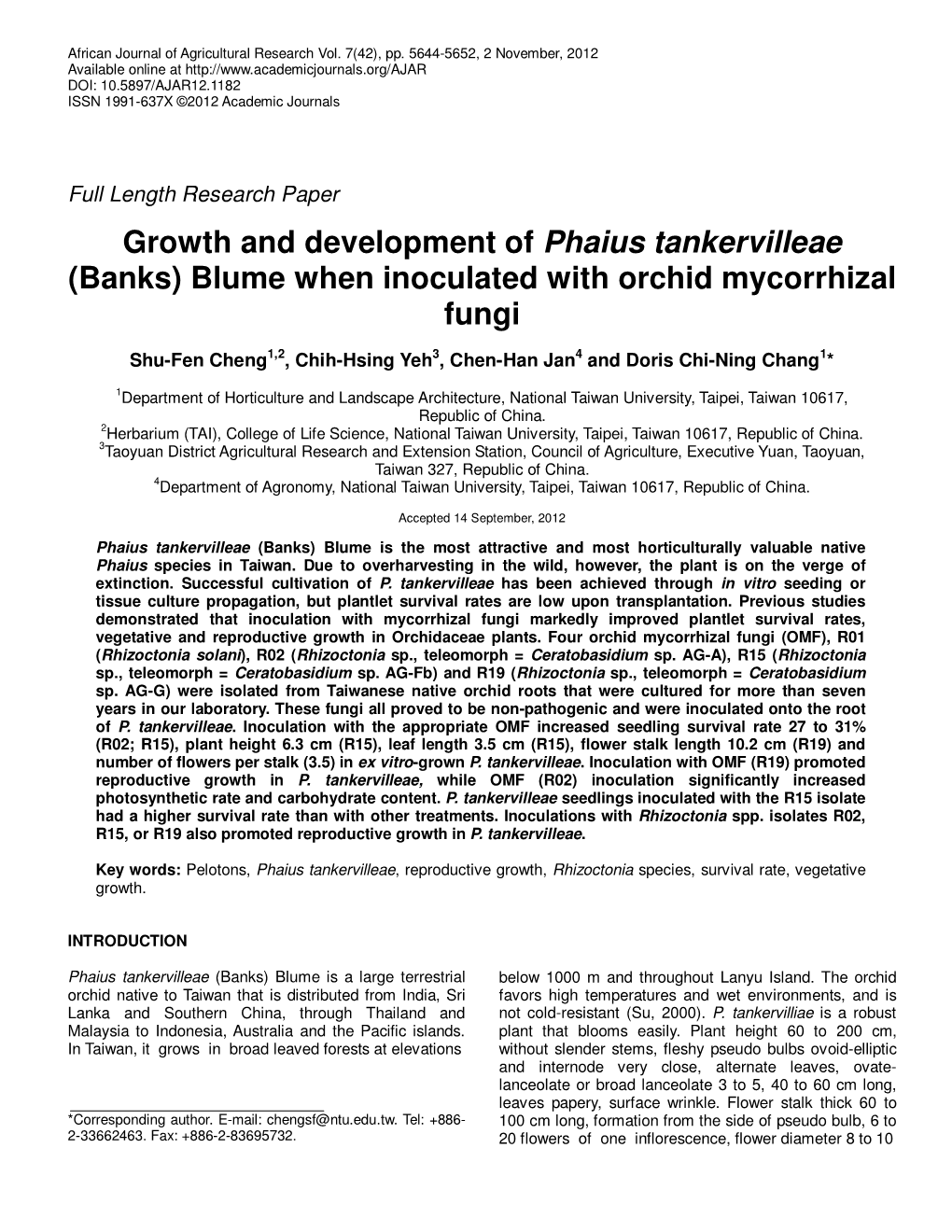 Growth and Development of Phaius Tankervilleae (Banks) Blume When Inoculated with Orchid Mycorrhizal Fungi
