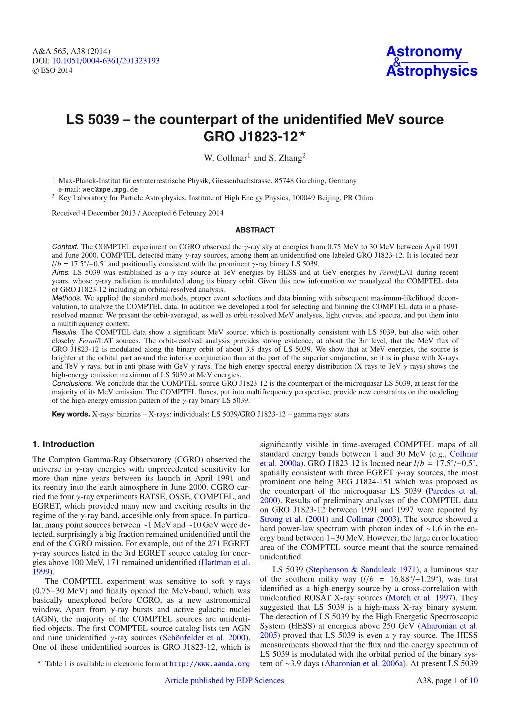 LS 5039 – the Counterpart of the Unidentiﬁed Mev Source GRO J1823-12