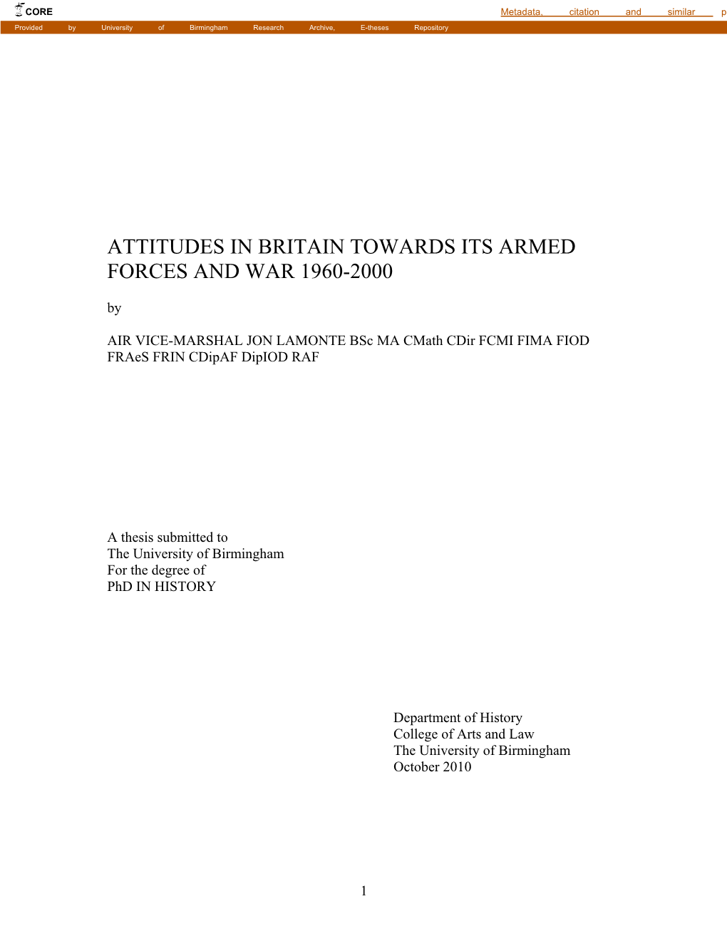 Attitudes in Britain Towards Its Armed Forces and War 1960-2000