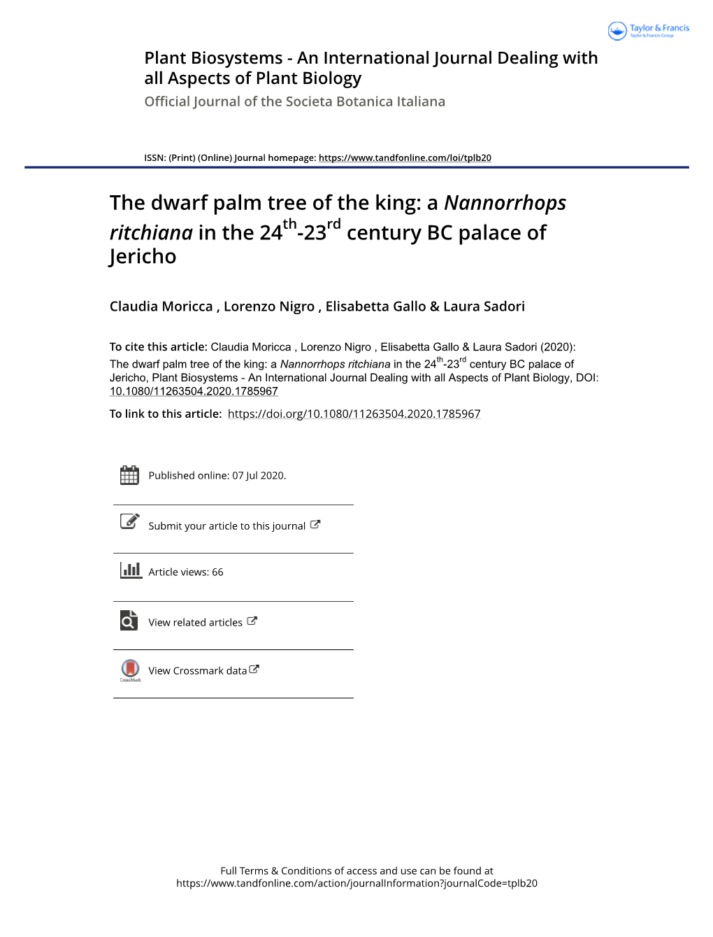 The Dwarf Palm Tree of the King: a Nannorrhops Ritchiana in the 24Th-23Rd Century BC Palace of Jericho