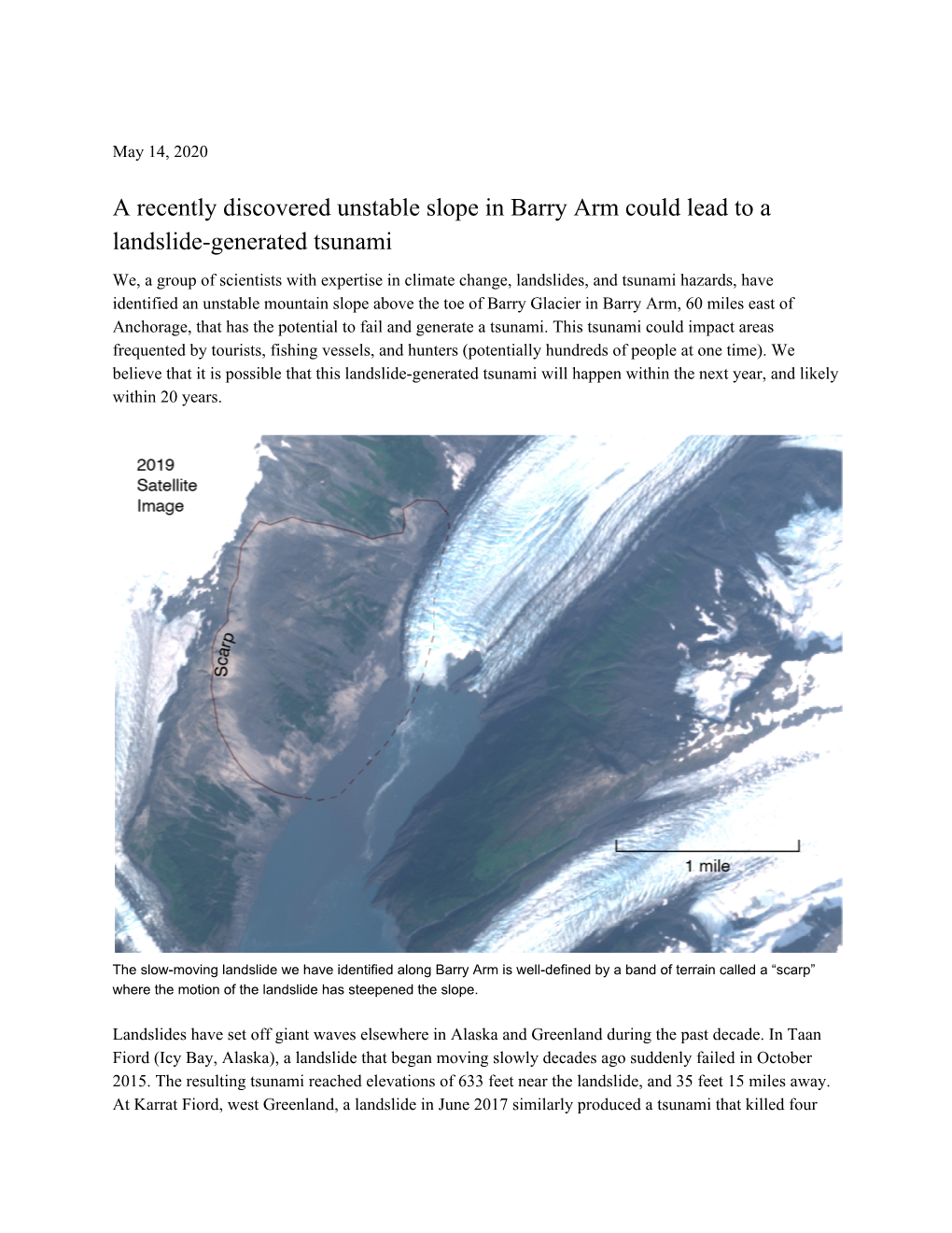 A Recently Discovered Unstable Slope in Barry Arm Could Lead to a Landslide-Generated Tsunami