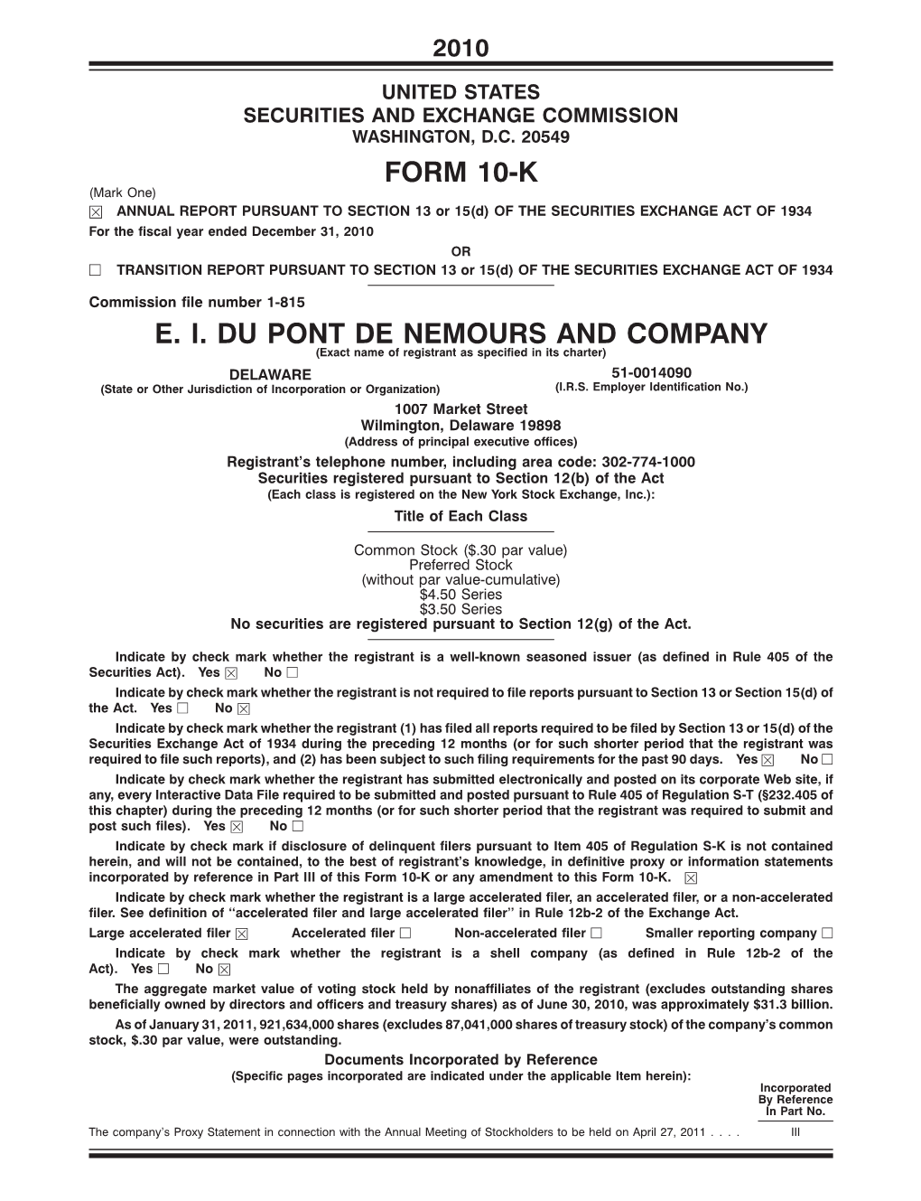 E. I. Dupont De Nemours and Company Form 10-K for 2010