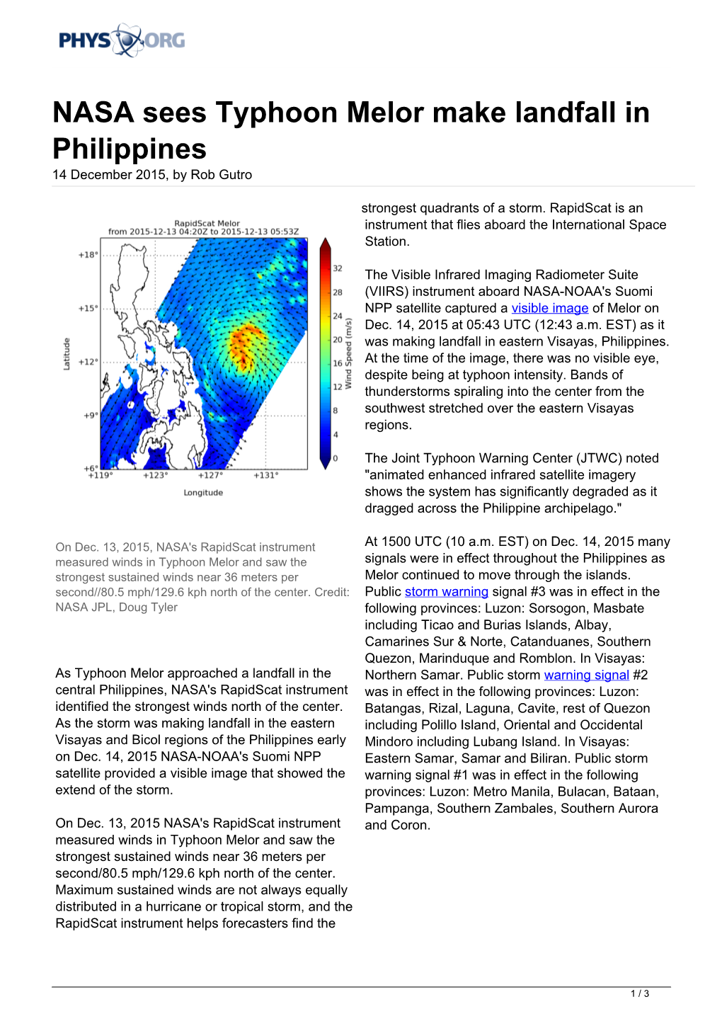 NASA Sees Typhoon Melor Make Landfall in Philippines 14 December 2015, by Rob Gutro