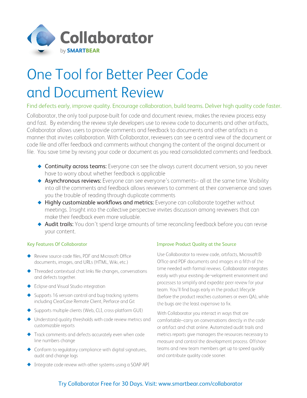 Collaborator by SMARTBEAR One Tool for Better Peer Code and Document Review Find Defects Early, Improve Quality