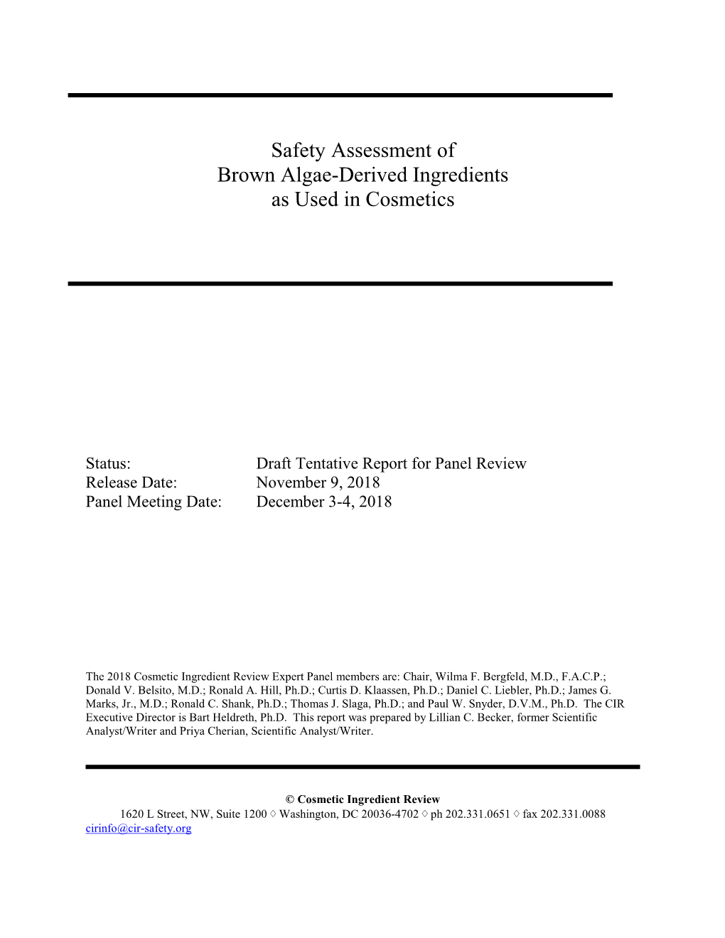 Safety Assessment of Brown Algae-Derived Ingredients As Used in Cosmetics