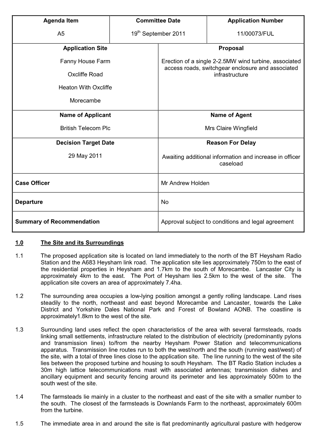 Agenda Item A5 Committee Date 19Th September 2011 Application