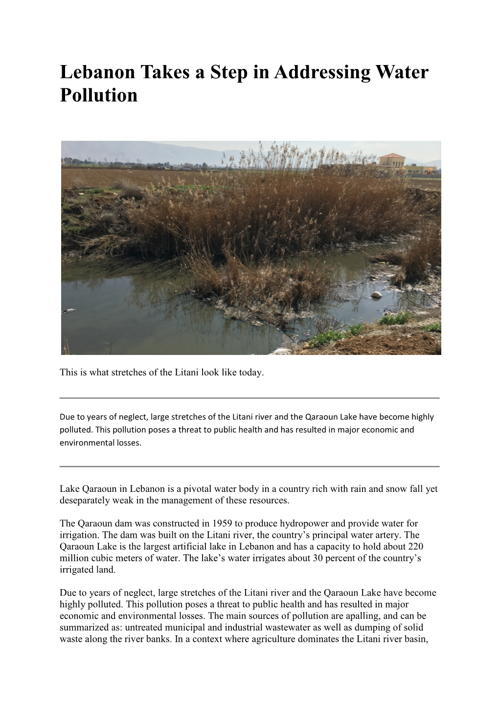 Lebanon Takes a Step in Addressing Water Pollution