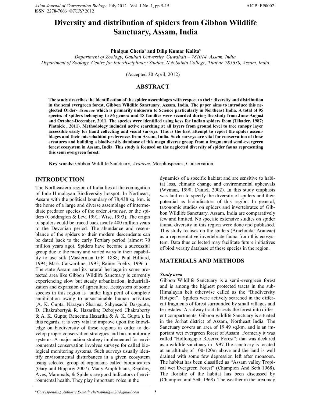 Diversity and Distribution of Spiders from Gibbon Wildlife Sanctuary, Assam, India