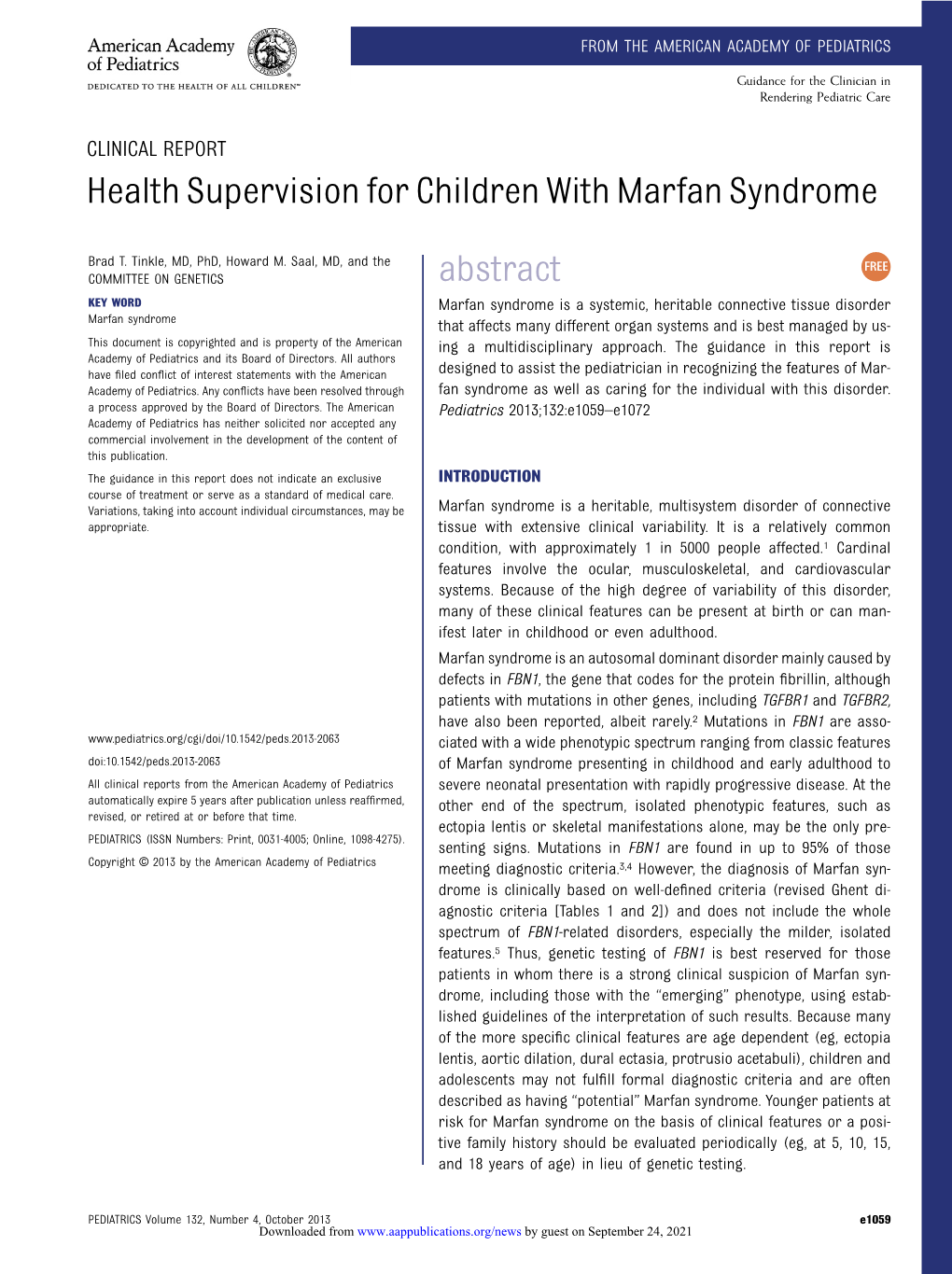 Health Supervision for Children with Marfan Syndrome Abstract
